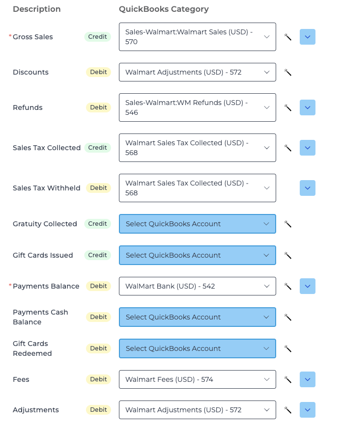 Example of Walmart Sales Summary journal entry mapping in Bookkeep