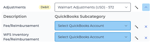 Example of subcategory mapping in Walmart Sales Summary journal entry