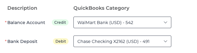 Example of Walmart Deposit journal entry mapping in Bookkeep