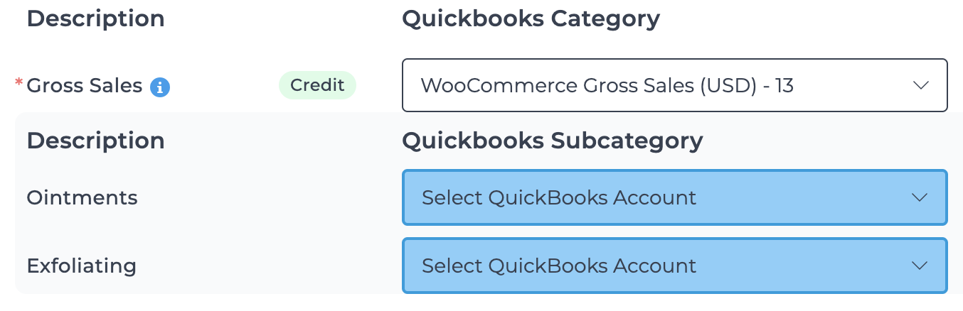 Example of gross sales as the category with subcategories in Bookkeep