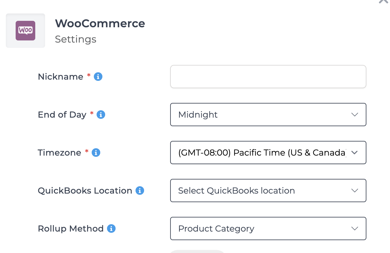 Screenshot showing the rollup method options for WooCommerce in Bookkeep