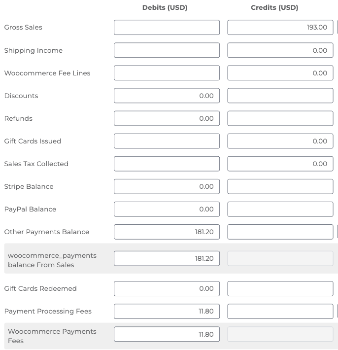 Example showing how WooPayments processing fees are captured in Bookkeep